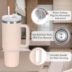 4 Pack 40 Oz Tumbler with Handle Bulk, Double Wall Vacuum Insulated Stainless Steel Tumbler with Lid and Straw, 40 oz cup with Silicone Spill Proof Stopper Set (Rose Quartz)