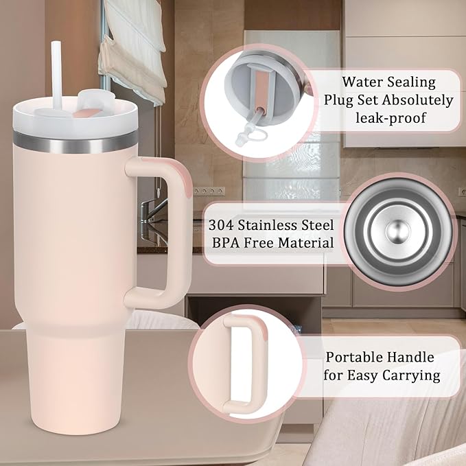 4 Pack 40 Oz Tumbler with Handle Bulk, Double Wall Vacuum Insulated Stainless Steel Tumbler with Lid and Straw, 40 oz cup with Silicone Spill Proof Stopper Set (Rose Quartz)