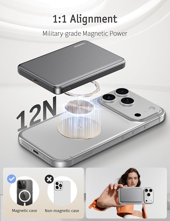 RORRY for Magsafe Portable Charger, 10000mAh Ultra Slim Magnetic Power Bank, 22.5W Fast Charging Wireless Portable Charger, USB C Battery Pack for iPhone 17/16/15/14/13/12 Plus Pro Max, Grey