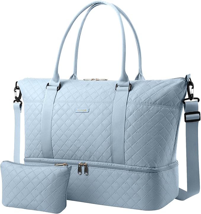 HOTOR Travel Duffel Bag - Weekender Bags for Women, Gym Tote Bags with Shoe Compartment, Carry On Overnight Bag with Toiletry Bag for Travel Essentials and Travel Accessories, Blue, 15.8"×18.1"×8.7"