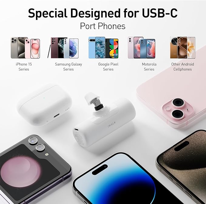 iWALK 4,500mAh Portable Charger for iPhone 15/16/17, Power Bank with Build-in USB C Connector, Battery Pack Phone Charger for iPhone Series, Samsung S22/23/24 Series and Android, White