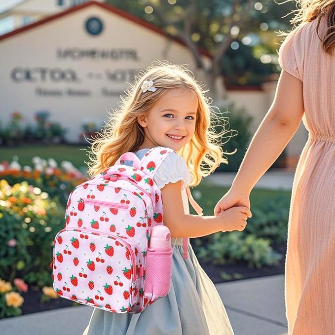 RHCPFOVR Kids Backpack for Girls - Girls Backpack 3-8 Ages Strawberry for Kids 15 Inch School Bookbag for Kindergarten Elementary School Bookbag for Girl 1st 2nd Grade