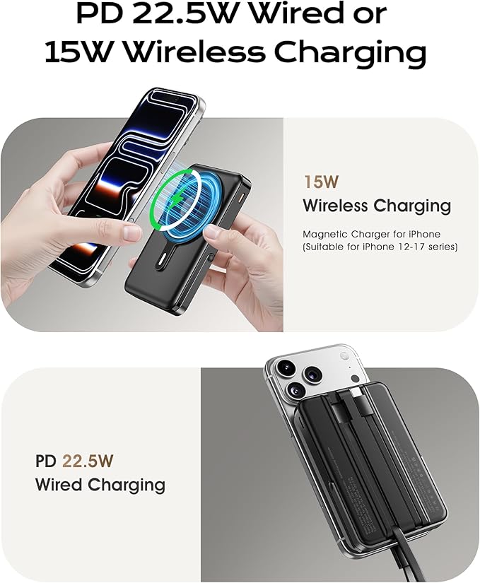 for Magsafe Portable Charger, Magnetic Power Bank with Foldable Stand, PD 22.5W Fast Charging with USB-C Cable, Wireless Portable Charger for iPhone 17/16/15/14/13/12 Series, Black