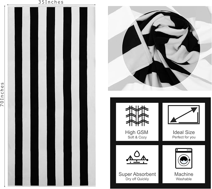 COTTON CRAFT Oversized Beach Towel - 2 Pack 35 x 70 inches XL Beach Towel - 100% Cotton Velour - Big & Huge - Thick Plush 450 GSM Super Soft Luxury Towel - Pool Picnic Bath - Cabana Stripe Black