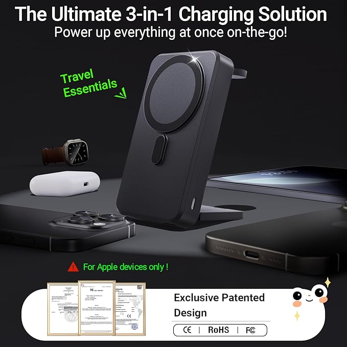 Kysson 5-in-1 Portable Charger,10000mAh Foldable Power Bank Fast Charging,MagSafe Charger Battery Pack Magnetic,Travel Wireless Charging Station for iPhone 17/16/15/14/13/12,iWatch,Air pods,MatteBlack
