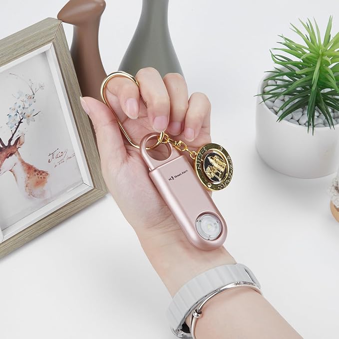 130dB Personal Safety Alarm Strobe Light. Loud Sound Keychain Siren with Carabiner for Women, School Children, Night Runners, Hiking. Bear Alarm Deterrent. SOS Emergency Self Defense Alerts. Rose Gold