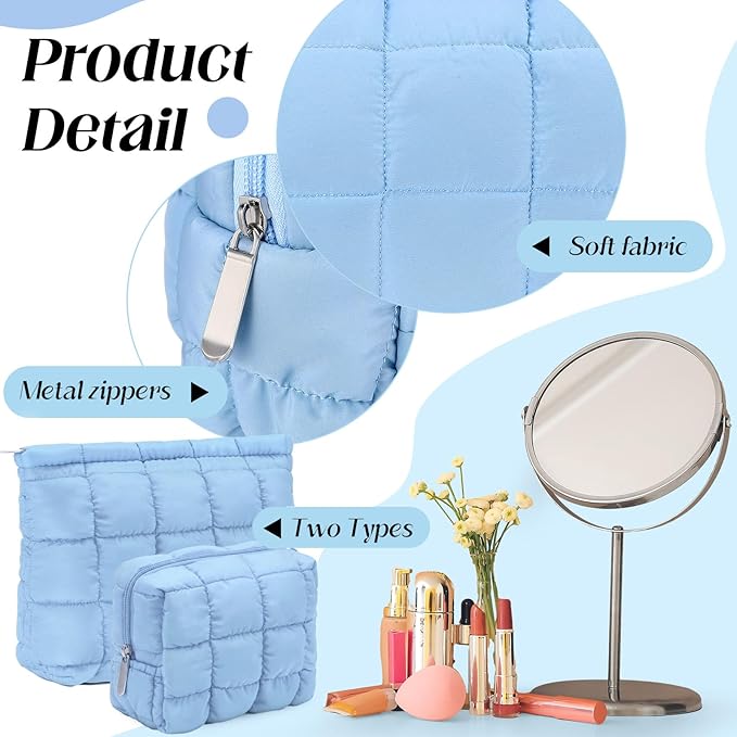 Huhumy 2 Pcs Puffy Makeup Bag Quilted Cosmetic Pouch for Women Cute Checkered Travel Toiletry Bag Puffer Makeup Organizer Purse Pouch Preppy Pencil Case with Zipper(Blue)