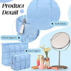 Huhumy 2 Pcs Puffy Makeup Bag Quilted Cosmetic Pouch for Women Cute Checkered Travel Toiletry Bag Puffer Makeup Organizer Purse Pouch Preppy Pencil Case with Zipper(Blue)