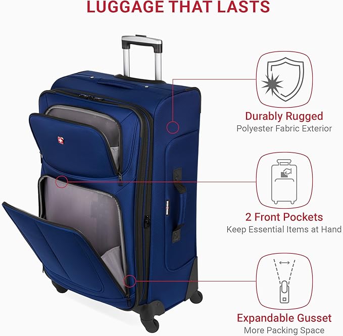 SWISSGEAR Sion Softside Expandable Spinner Luggage Durable Lightweight Travel Suitcase, Blue, Checked-Large 29-Inch