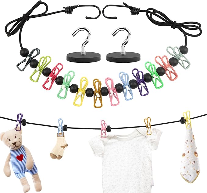 Magnetic Retractable Clothes Line for Cabin, Rubber Coated Non-Scratch Strong Magnets, Ship Approved Clothesline for Cruise Ship Essentials for Camper Hotel Room