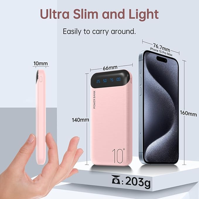 YOBON Power Bank 10000mAh Portable Charger Slim Battery Pack with 2 USB 2.4A Outputs and USB C in/Out Compatible with Huawei iPhone 16 15 14 13 12 iPad Samsung Galaxy S20 Android Tablet (Light Pink)