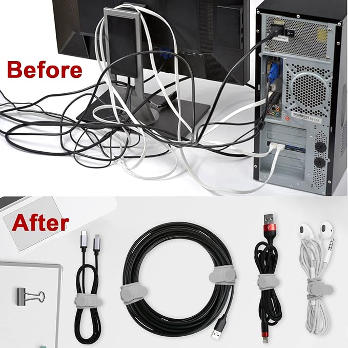 16Pcs Silicone Cable Straps Wire Organizer for Bundling Earphone, Phone Charger, Computer Cords, Reusable Cable Ties Cord Organizer in Home,Office,Kitchen,School(Grey)