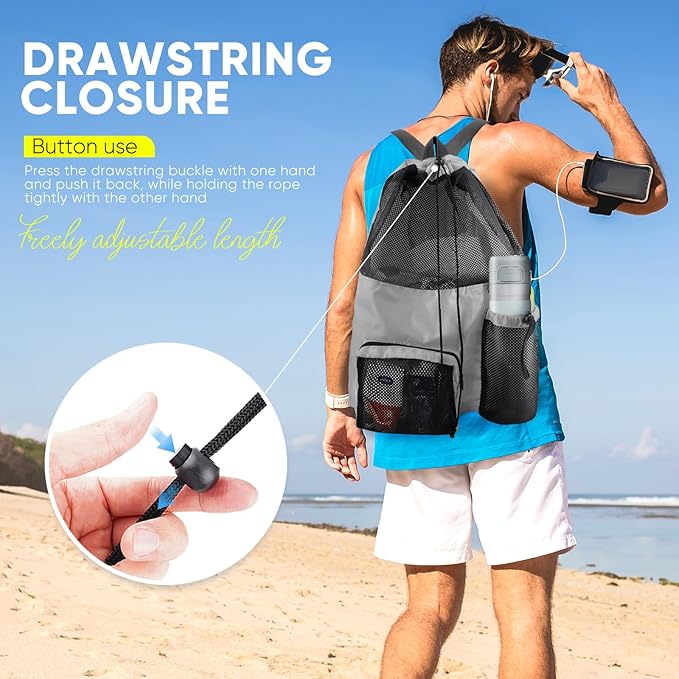 HOHOM Swim Mesh Beach Bag, Waterproof Gym Bags for Women and Men, Large Pool Bag Swimming Gear Drawstring Backpack