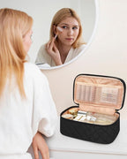 Relavel Makeup Bag, Small Makeup Bag for Women, Travel Cosmetic Bag, 2 Layers Waterproof Makeup Organizer Storage with Makeup Brush Holder, Black