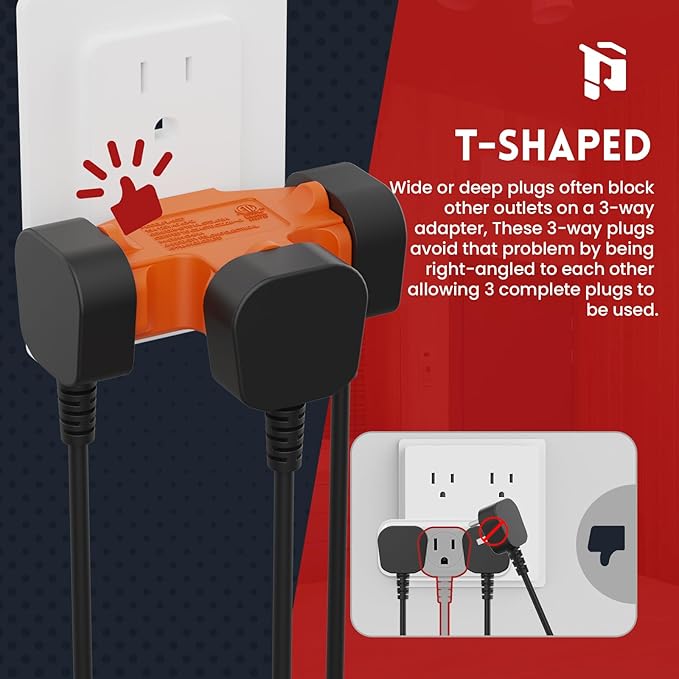 PLUGTUL 3 Way Plug Adapter, 3 Plug Wall Adapter, 3 Prong, Grounded, 15A, 1875W, Multiple Plug Expander for Home, Outdoor, ETL Listed, Orange, 3PACK