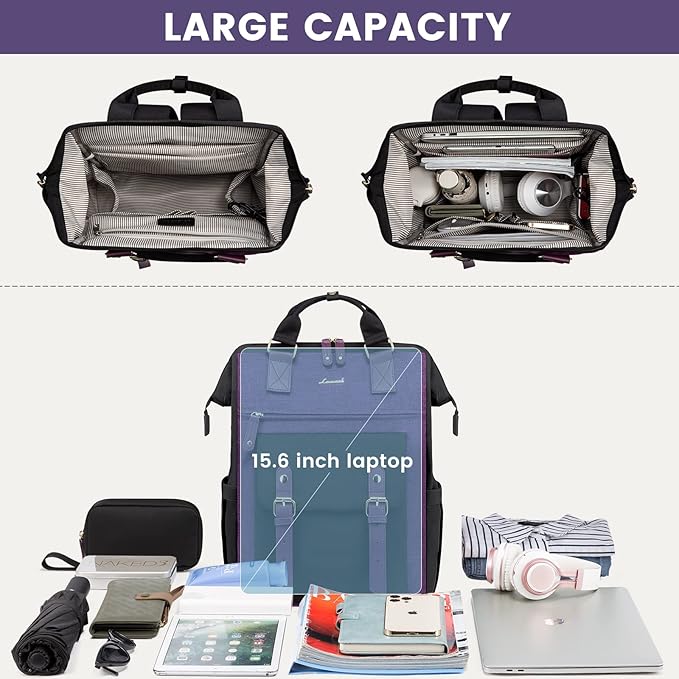 LOVEVOOK Backpack for Women, Teacher Work Bag Laptop Backpack, Nurse Bags Business Laptop Bag, College Backpack Purse, Travel Back Pack, 15.6 Inch, Black-Purple