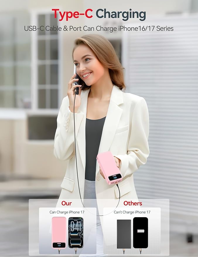 20000mAh Lightweight-Portable-Charger-Power-Bank with Built-in Cables and AC Wall Plug, PD20W USB-C Fast Charging Battery Pack, LED Display External Travel Phone Charger for All iPhone,Samsung,Android