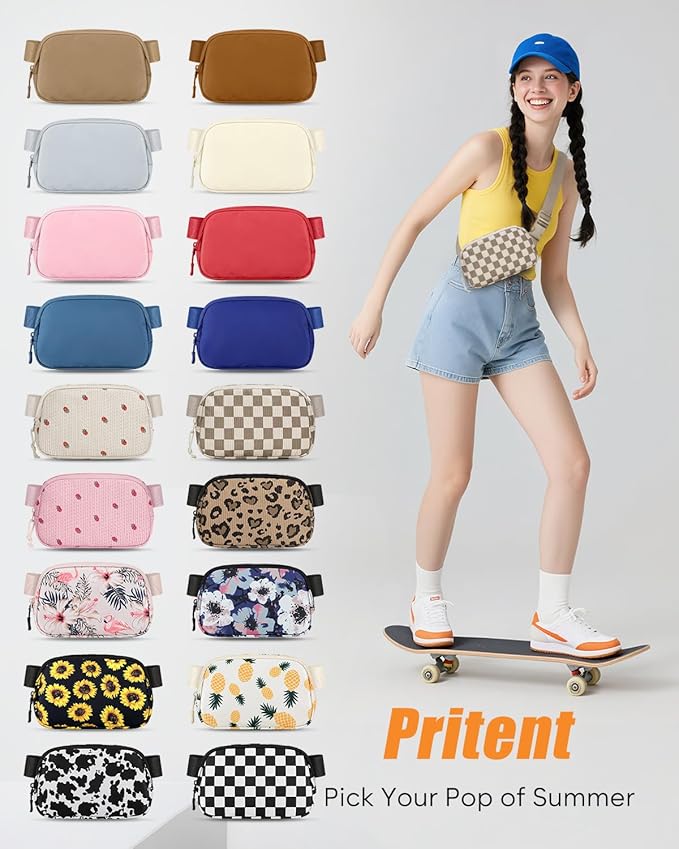 Pritent Fanny Packs for Women Cross Body Bag Waterproof Belt Bag with Adjustable Strap and Zipper Back Pocket Small Crossbody Bags Fashion Waist Packs for Workout Travelling(Checkered Khaki)