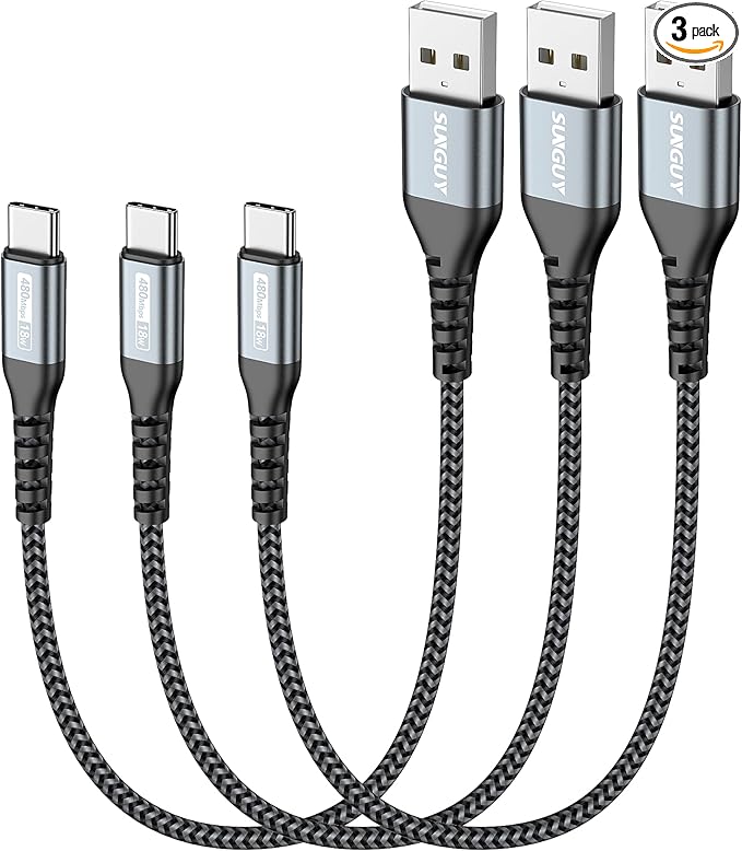 SUNGUY USB C Cable 1FT [3Pack], 3A USB A to USB C Fast Charging Cable Data Transfer Braided Compatible with iPhone 17/16/15 Series, Samsung Galaxy S25 S24 Ultra, Note10/9, USB C Devices
