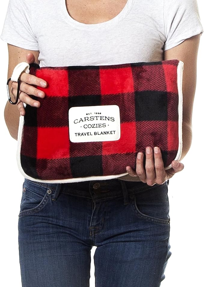 CARSTENS, INC. Travel Blanket, Premium Compact 2-in-1 Airplane Blanket/Pillow, Red Buffalo Plaid