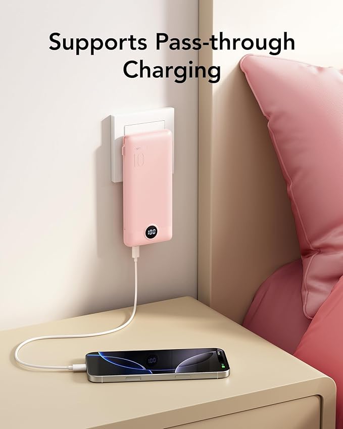 VRURC Portable Charger Power Bank - 10000mAh Fast Charging 22.5W PD 20W Portable Charger with Built in Cables, Portable Charger with Cords External Charger Travel Accessories-Pink