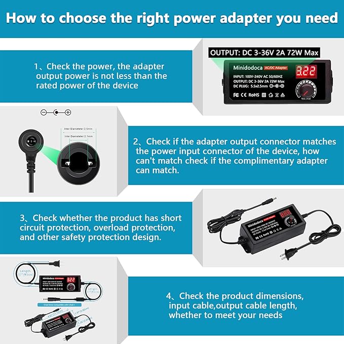 72W Power Supply Adjustable DC 3V ~ 36V Variable Universal Switching AC/DC Adapter Minidodoca AC to DC Converter with LED Voltage Display and 13 Tips, for 3V to 36V Household Electronics - 2000mA Max
