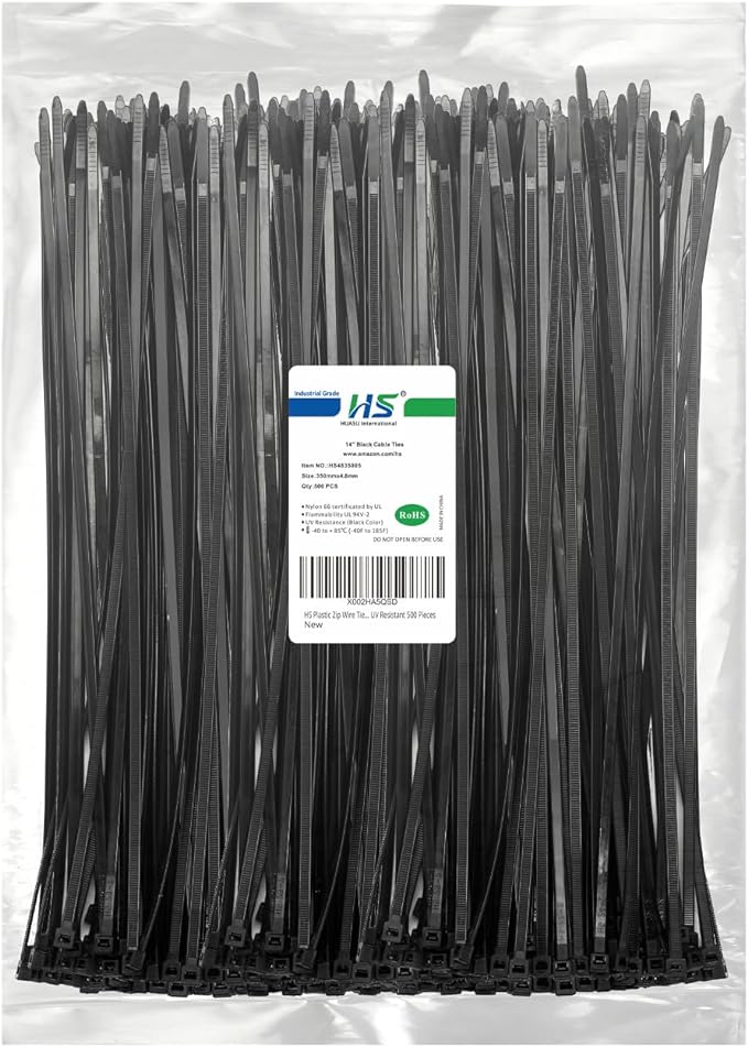 HS Plastic Zip Wire Ties Black Nylon Cable Zip Ties for Fencing Travel Outdoor Purpose, Cable Ties 14 Inch 50 LBS UV Resistant 500 Pieces