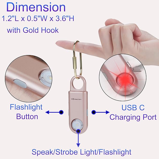 135dB Rechargeable Personal Safety Alarm Strobe Light Flashlight Keychain Siren for Women, College School Students Emergency SOS Alerts Loud Sound Torchlight Hiking Alarm Bear Deterrent. Rose Gold