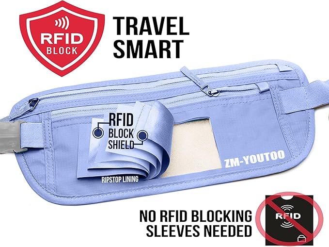 Money Belt for Travel - Hidden Travel Pouch Protect Your Credit and Money With RFID Blocking Passport Holder Waist Wallet (Azure)