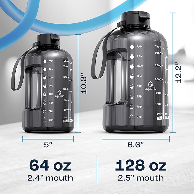 AQUAFIT 1 Gallon Water Bottle with Time Marker - Straw & Chug Lid - BPA Free Gym Water Bottle with Straw - Big Gallon Jug (Aqua, 128 oz - 2 Lids)