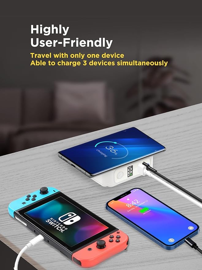Gigastone 3in1 Power Bank with AC Plug 10000mAh with USB-C PD 3.0 20W, USB-A QC3.0 18W Fast Charging, 5W to 15W Wireless Output, Compatible with Apple, Android, and Other Qi Enabled Devices - White