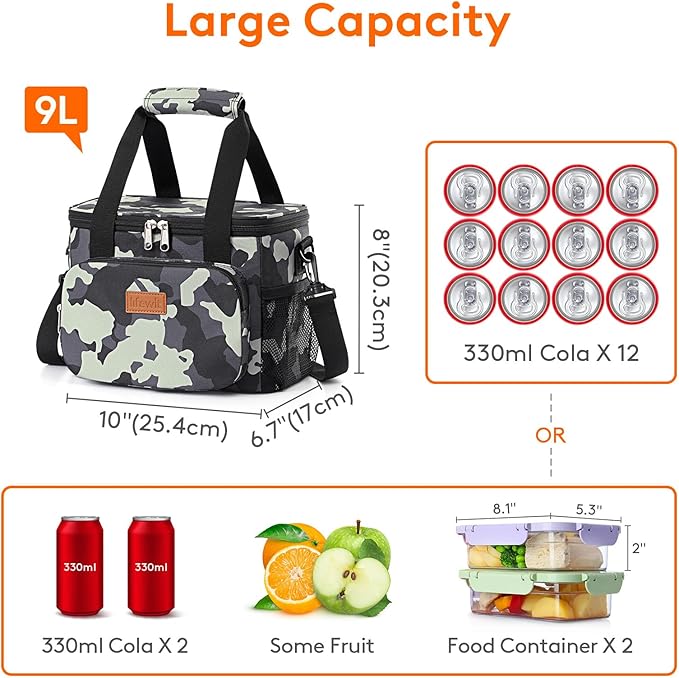 Lifewit Medium Lunch Bag, Insulated Lunch Box, Soft Cooler Cooling Tote for Adult Men Women, Camouflage 12-Can (9L)