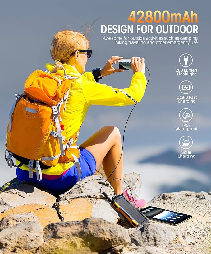Mregb Solar Charger Power Bank 42800mAh, Portable Charger, Solar Power Bank,External Battery Pack 5V3.1A Qc 3.0 Fast Charger Built-in Super Bright Flashlight (Orange)