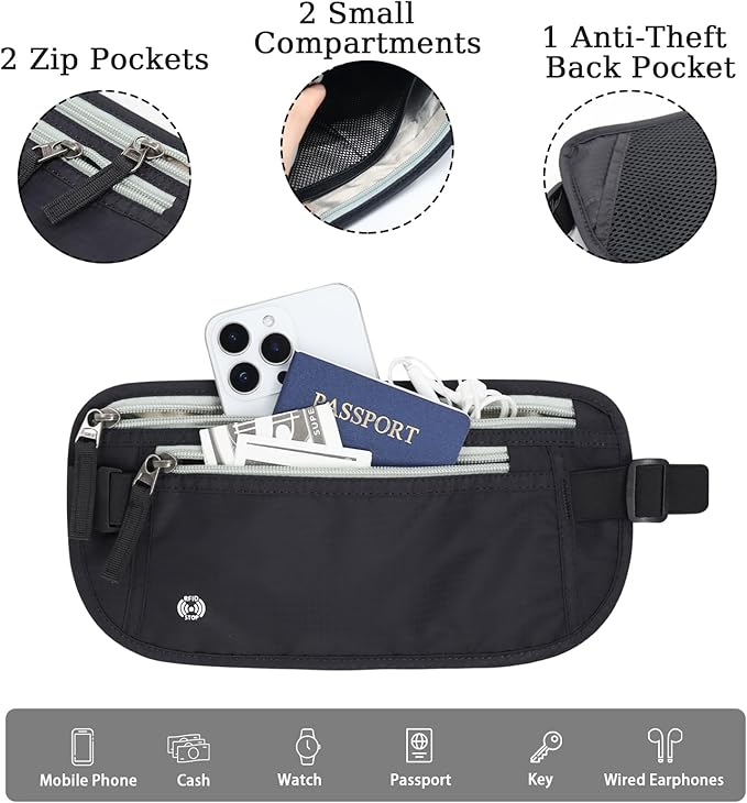 FuninCrea Waterproof Hidden Money Belt for Travel, Anti-Theft Belt Bag with RFID Blocking Function Adjustable Slim Waist Bag with 2 Zipper Pockets & 1 Back Pocket for Travel Running (B, Black & Grey)