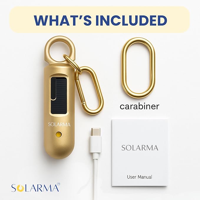 HerTime2 Personal Safety Alarm for Women - Loud Self Defense Siren, Waterproof Keychain with Strobe Light - Solar Rechargeable, Gold