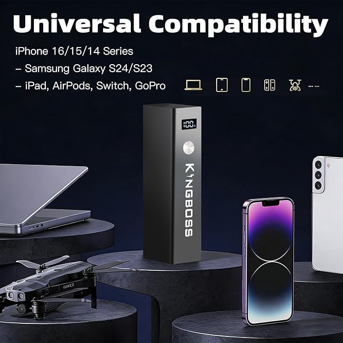 Kingboss 15000mAh LiFePO4 Power Bank, Small Portable Charger with Digital Display, 22.5W PD & USB-C Fast Charging, Dual Input/Output Backup Battery for Phone Travel Backup, Tablet, Watches, Headphone