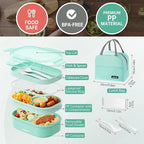 2 Layers Bento Box, All-in-One Stackable Lunch Container with Compartments, 64oz Leakproof Microwave Safe Dishwasher Safe Bento Box with Lunch Bag and Utensil Set for Kids and Adults
