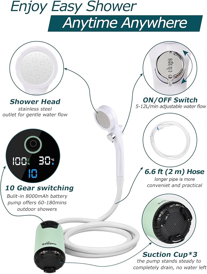 innhom Portable Shower Camping Shower Outdoor Camp Shower Pump, Electric Rechargeable Portable Camping Shower, Powered by Rechargeable Battery