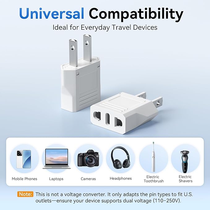 Unidapt 10-Pack EU Europe to US Plug Adapter, Type A Outlet, European to American, Canada, Mexico Wall Plug Adapters, White