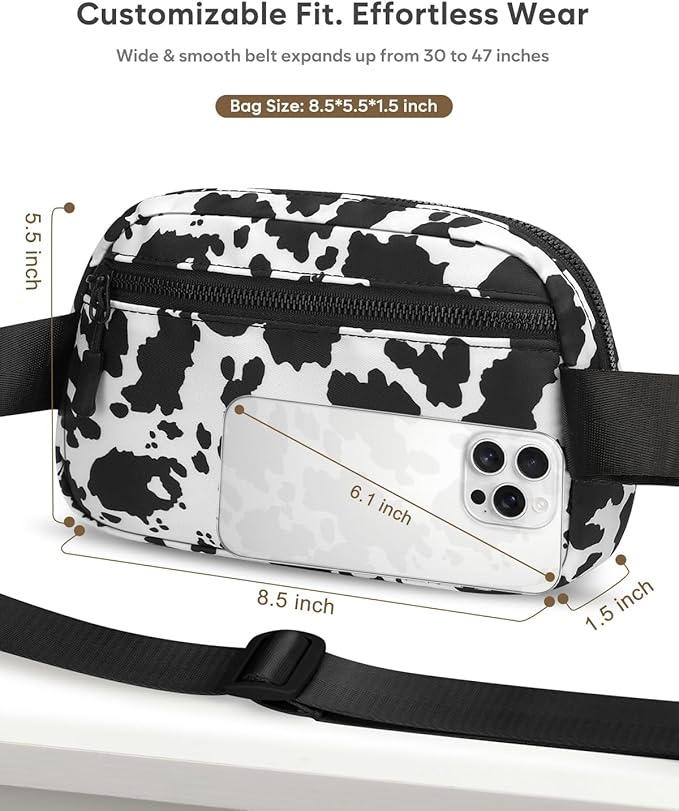 Pritent Fanny Packs for Women Cross Body Bag Waterproof Belt Bag with Adjustable Strap and Zipper Back Pocket Small Crossbody Bags Fashion Waist Packs for Workout Travelling(Cow Print)