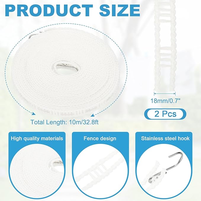 uxcell 2 Pcs Portable Travel Clothesline, 32.8ft Clothes Line Outdoors Travel Hanger Foldable Clothesline Rope with Hooks for Camping Hotel Backyard Home Cruise Ship, White