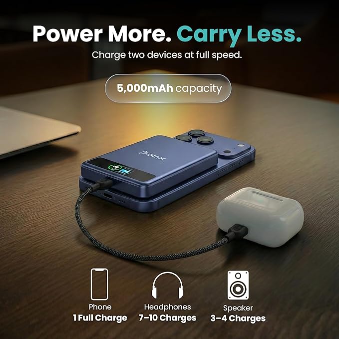 5K Magnetic Power Bank, Blue, Qi2 Certified 15W Wireless Charger, LCD Display, Ultra-Slim Solid-State Battery Pack for iPhone 17/16, Lightweight Travel, Everyday Use USB-C Portable Charger