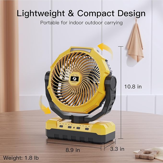 FRIZCOL 3-in-1 Camping Fan - Portable Fans Rechargeable - 24000mAh Battery Powered Fan with Light & Remote for Indoor, Outdoor, Tent, Travel, Fishing, Jobsite, Gifts for Men Dad Him - Yellow
