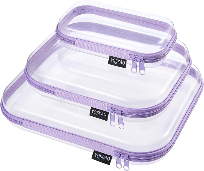 YQBRAO 3-Pack Clear Hard Shell Zipper Case Purple, 1.2mm Heavy-Duty Crush-Proof Travel Makeup Bag, Multi-Size (L+M+S) Diaper Bag Organizer Pouches, Rigid Clear Zipper Pouches for Tech, Toys & Home