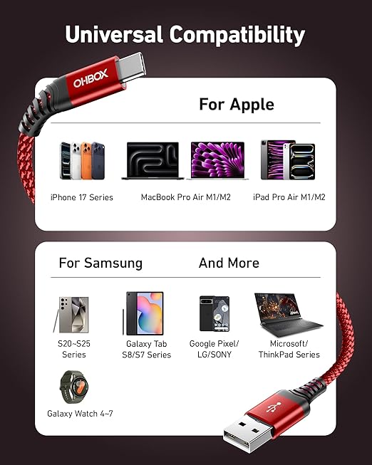 USB to USB C Cable Fast Charging [2 Pack 3FT], USB A to USB C Cable for Car, Durable Braided USB Type C iPhone Charger USBC Cord for iPhone 17/16/15/Pro Max/Plus, Samsung Galaxy S23 and More-Red