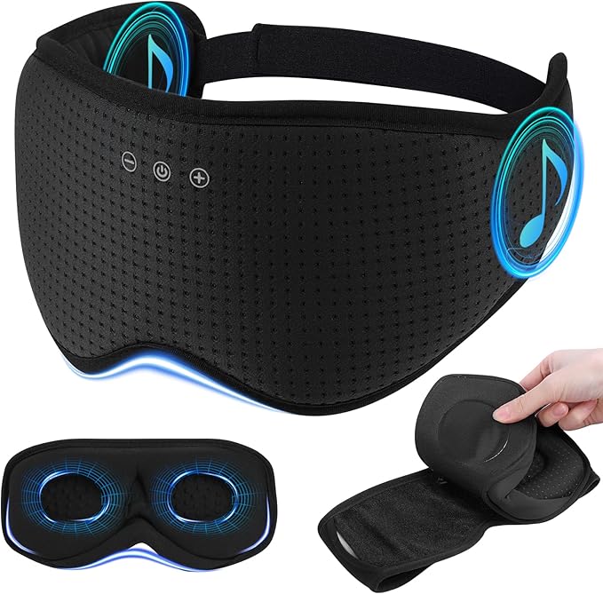 Sleep Mask with Bluetooth 5.4 Headphones, Removable 3D Eye Cups, Timing Sleeping Headphones for Side Sleepers, Wireless Music Eye Mask Speakers for Men, Women, Tech Gifts, Black