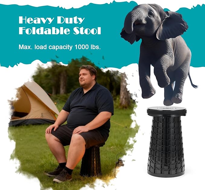 Spisces Upgraded Collapsible Stool with Cushion, 1000 lbs Capacity & 19.7-in High, Wider & Taller Heavy Duty Portable Telescoping Foldable Seat for Adults Camping, Travel, Music Festivals, Outdoors
