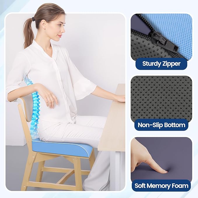 SweetSlubr Seat Cushion for Tailbone Pain Relief, Office Chair Cushion, Memory Foam Large Chair Cushion with Non-Slip Cover for Soft Support at Office Chair, Car Seat, Airplane Light Blue/Large