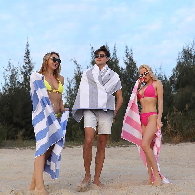 HENBAY Cotton Oversized Beach Towel - Large 70 x 35 Inch Pool Towel, Green Striped Quick Dry Swimming Cabana Towel
