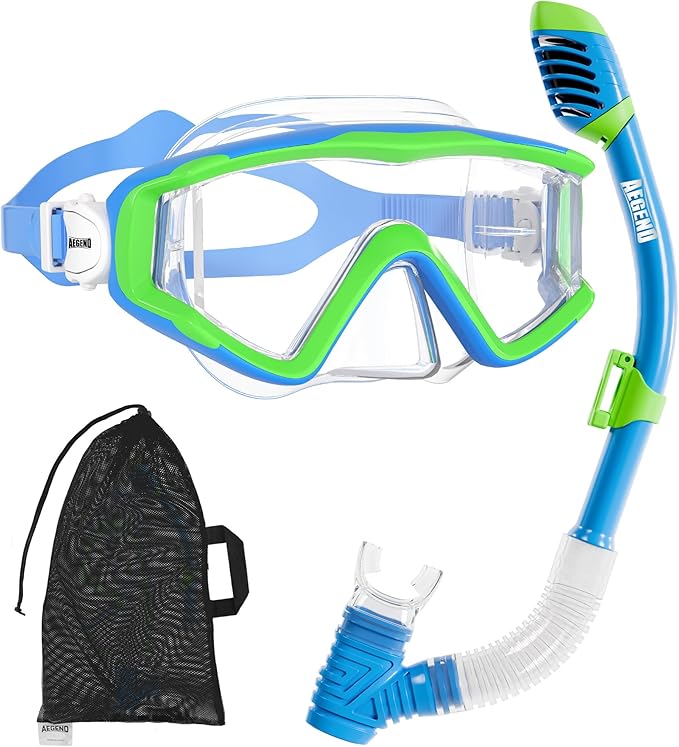 Aegend Snorkeling Gear for Adults Youth Kids, Snorkel Mask with Top Dry Valve - Panoramic View Anti-Leak and Anti-Fog with Mesh Bag for Snorkeling, Scuba Diving, Freediving & Swimming